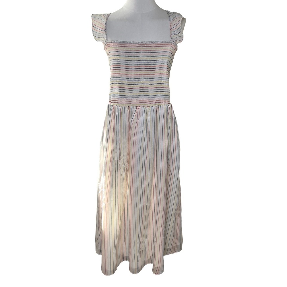 Rainbow Stripe Smocked Midi Dress Ruffle Sleeve Madewell Women Plus 2X